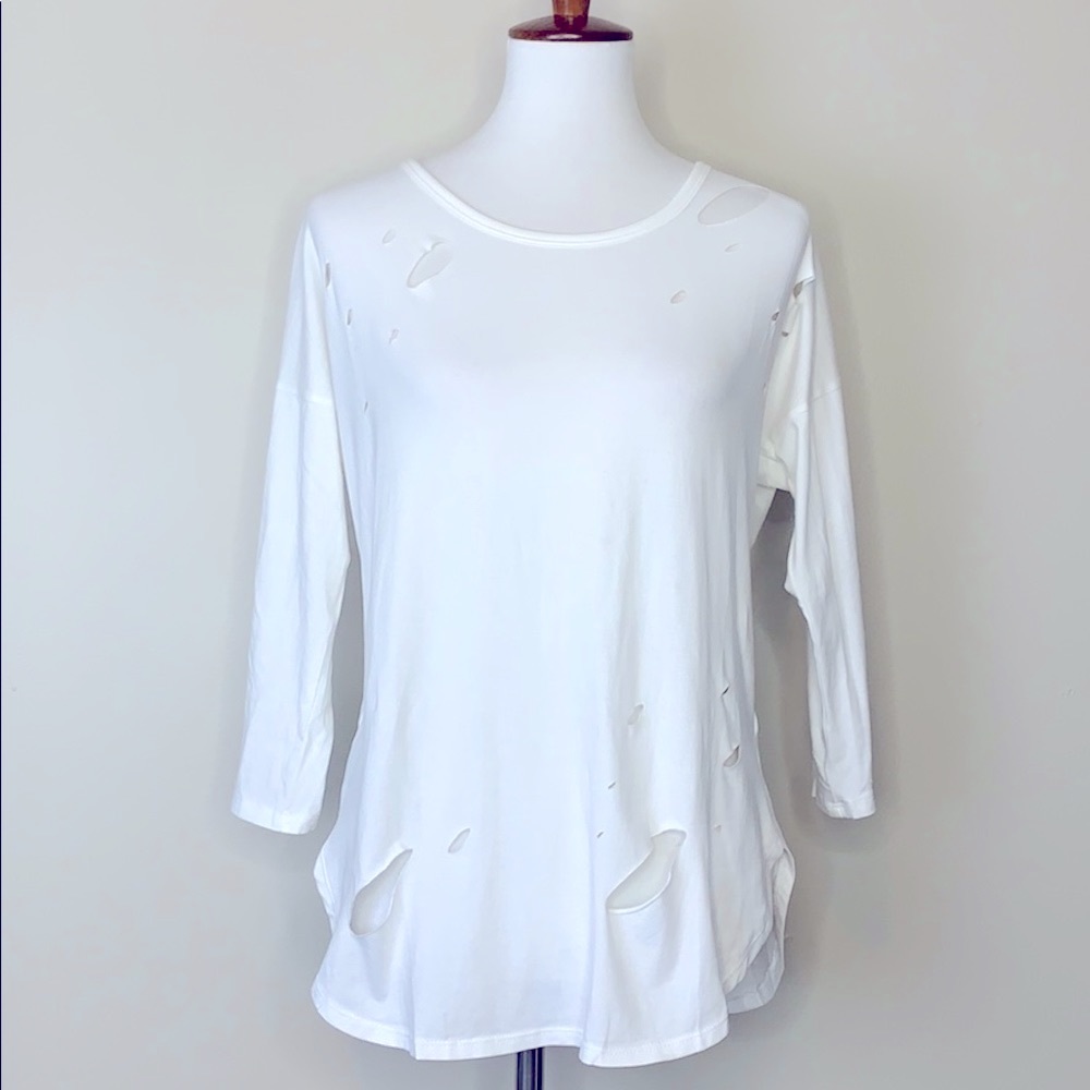H.I.P. Hi-Lo Burnt Distressed Open Back White Top L